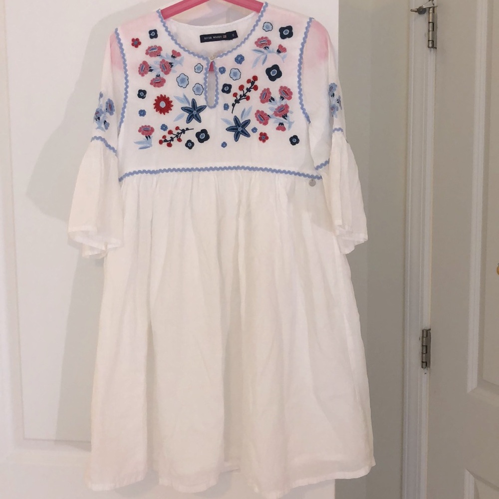 River woods girl embroidered white dress